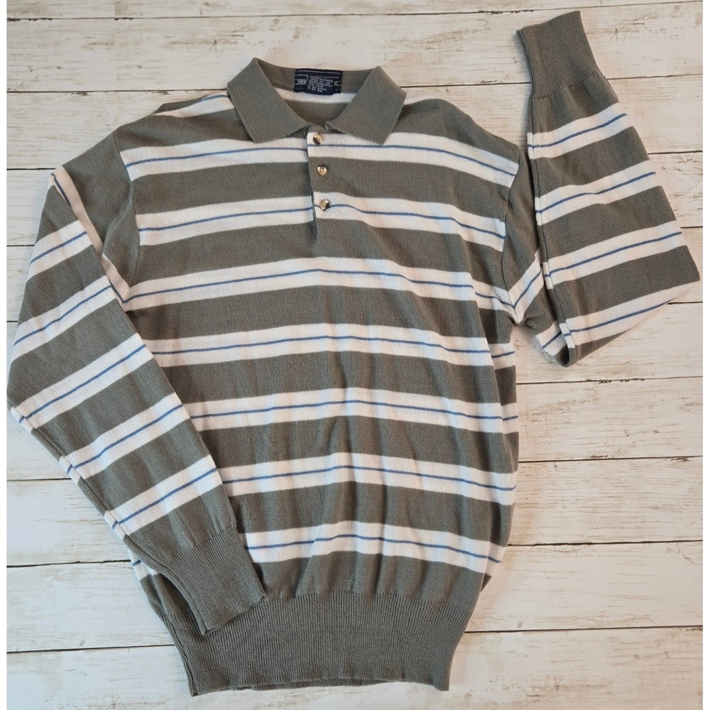 Vtg Mervyns Mens Collection Gray Green White Stripe Long Sleeve Polo Sweater L